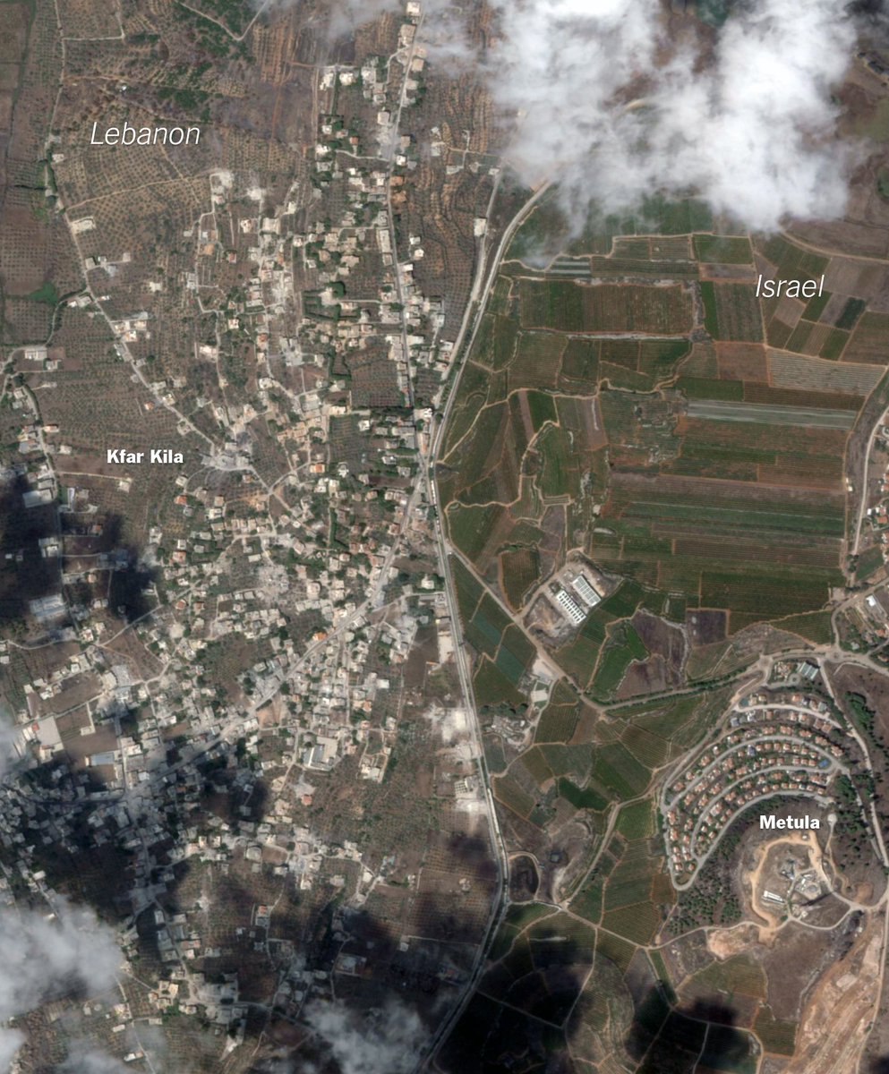 trbrtc's tweet photo. A new satellite image taken today, Oct. 24, reveals that a large part of the village of Kfar Kila has been flattened as the Israeli military pushes deeper into southern Lebanon. The image on the right, taken two months ago, highlights the stark contrast. Image credit: @planet. https://t.co/LdWCNYa71O
