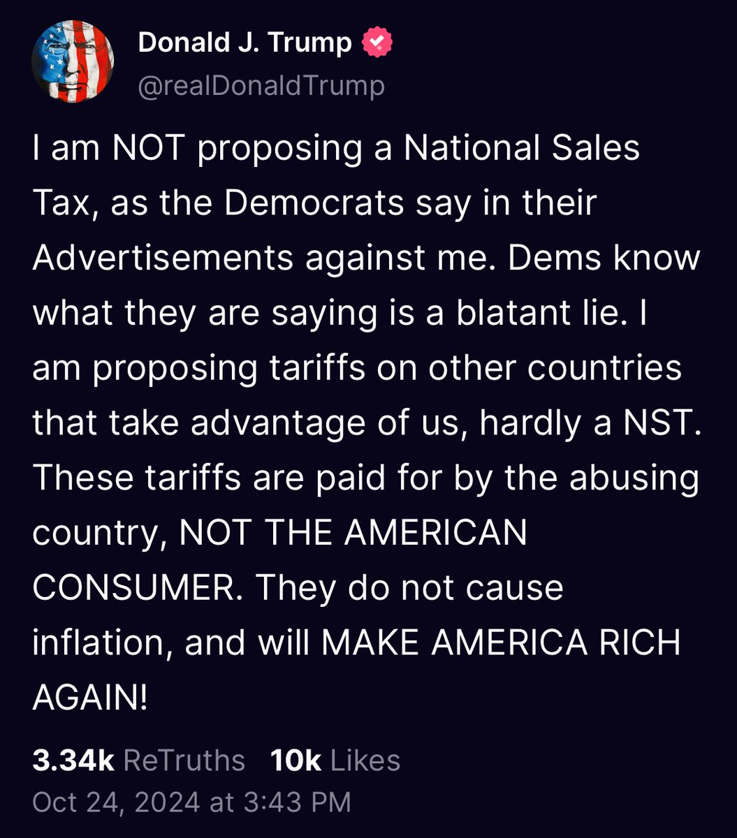 Donald Trump thinks his supporters are morons.

No, tariffs are not paid by an “abusing country.” Tariffs are paid by American companies importing the goods. The costs of tariffs get passed on to consumers.