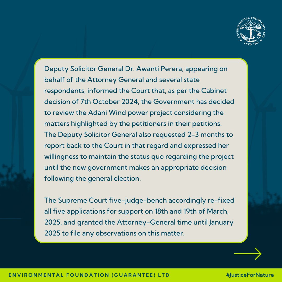 EFL_1981's tweet photo. Environmental Foundation (Guarantee) Ltd, with 4 other parties, filed Fundamental Rights Applications in the Supreme Court against the Mannar Wind Power Project (Phase II), citing threats to migratory birds, biodiversity, and protected areas in Mannar. #JusticeForNature https://t.co/dIcpXZhbD0