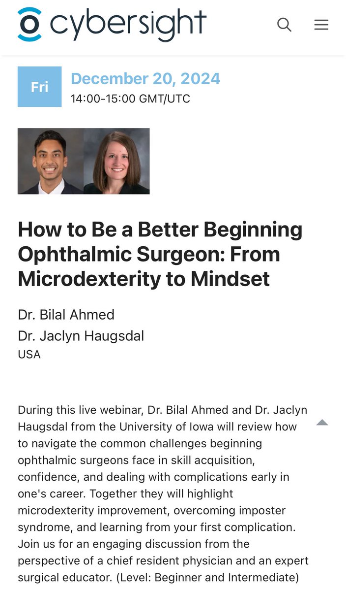 Join me and one of my heroes, Dr. Jaci Haugsdal, for a virtual webinar with <a href="/cybersight_org/">Cybersight</a> on navigating the early stages of ophthalmic surgery as a trainee. 

Register here: live.cybersight.org/register/96289…