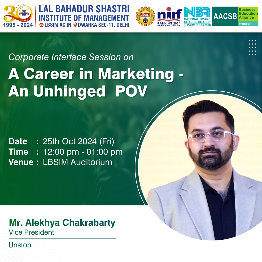 LBSIMOnline's tweet photo. LBSIM Delhi is organizing a Corporate Interface Session on “A career in marketing - an unhinged POV” by Mr. Alekhya Chakrabarty, Vice President at Unstop, on 25th October 2024 at 12:00 PM in the Auditorium.
#LBSIM #MBA #PGDM #Marketing #CorporateInterface #Unstop https://t.co/sbAicy713Y
