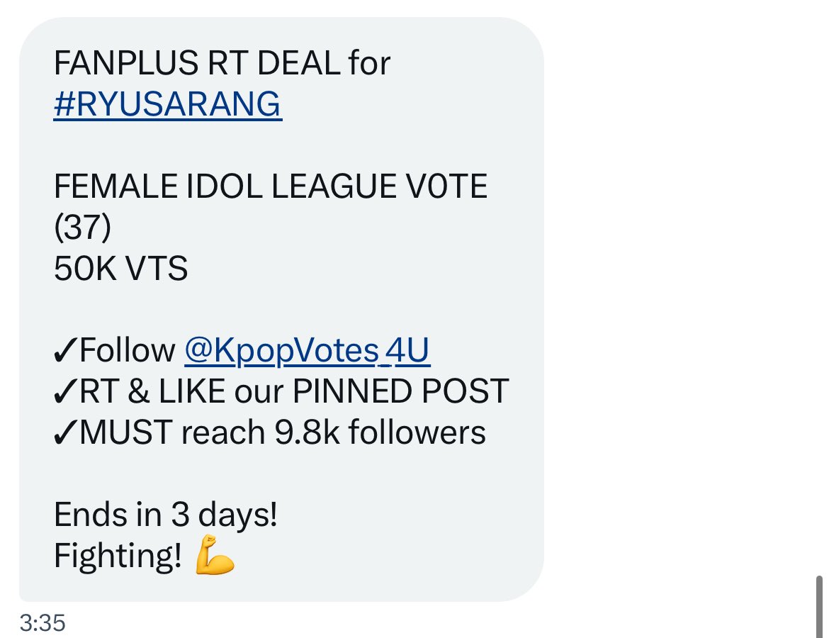 FANPLUS RT DEAL for 
#RYUSARANG

FEMALE IDOL LEAGUE V0TE (37)
50K VTS

✓Follow @KpopVotes_4U 
✓RT &amp; LIKE our PINNED POST
✓MUST reach 9.8k followers

Ends in 3 days!