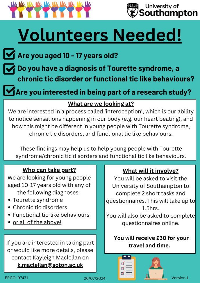 Tourettes Action (@tourettesaction) on Twitter photo 📢 Exciting Research Opportunity!
Researchers at the University of Southampton are studying the impact of "interoception" on tics, anxiety, and quality of life in young people with Tourette syndrome and tic disorders.💚Contact Kayleigh MacLellan for info: k.maclellan@soton.ac.uk 📢 Exciting Research Opportunity!
Researchers at the University of Southampton are studying the impact of "interoception" on tics, anxiety, and quality of life in young people with Tourette syndrome and tic disorders.💚Contact Kayleigh MacLellan for info: k.maclellan@soton.ac.uk