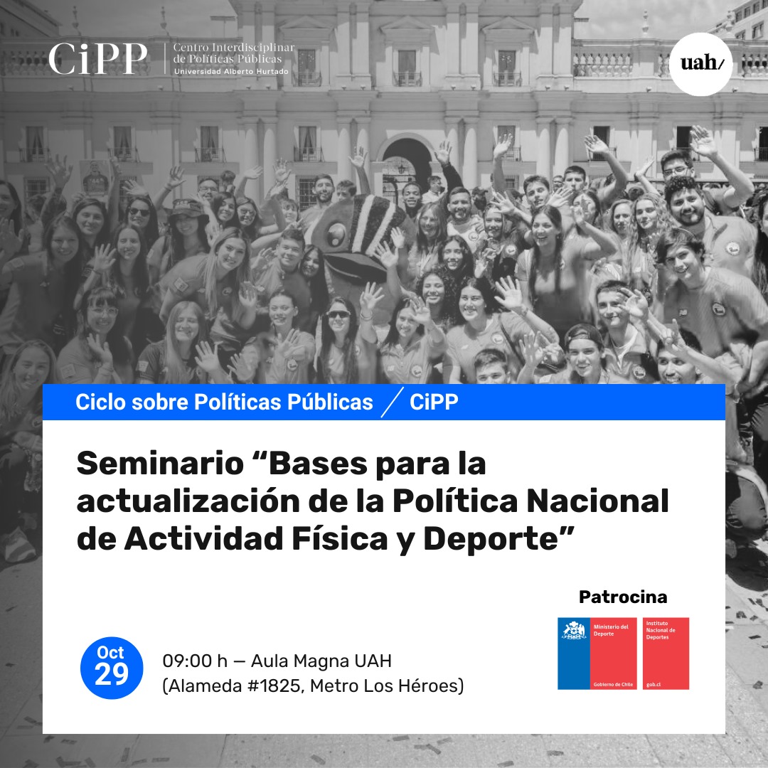 Inscríbete en el #SeminarioCiPP “Bases para la actualización de la Política Nacional de Actividad Física y Deporte”

📆 Martes 29 de octubre - 9:00 h
📍 Aula Magna UAH (Alameda #1825, Metro Los Héroes)
📲 ¡Actividad gratuita previa inscripción! forms.gle/aUFf84YGhTwt6P…