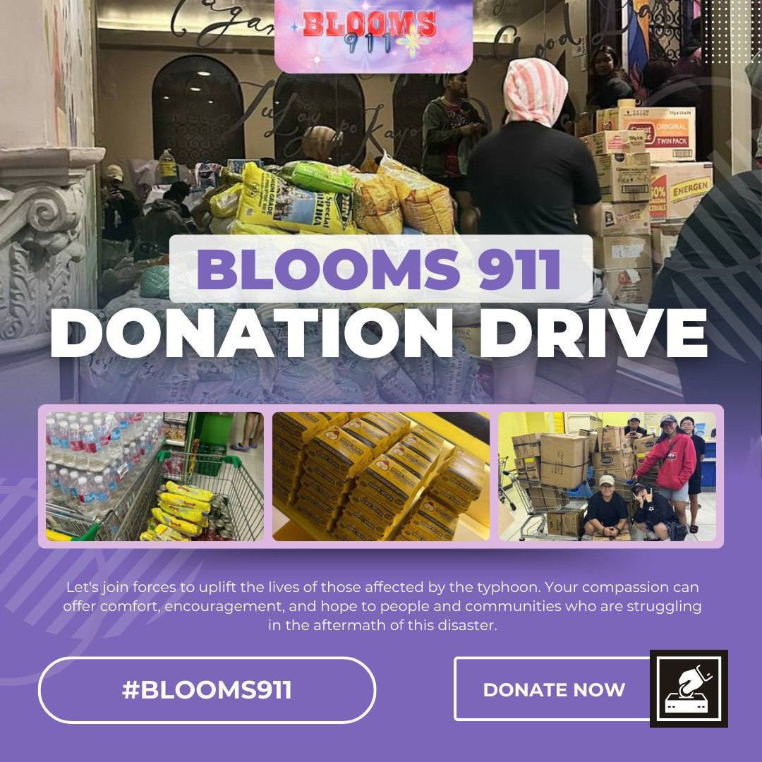 mariel_1001's tweet image. 📣 #BLOOMS911 DONATION DRIVE 📣

Hi! Blooms 911 are still organizing a donation drive, and all the contributions will go directly to the victims of the typhoon #KristinePH. The drive is open until the weekend and can extend if needed. Thankyou!