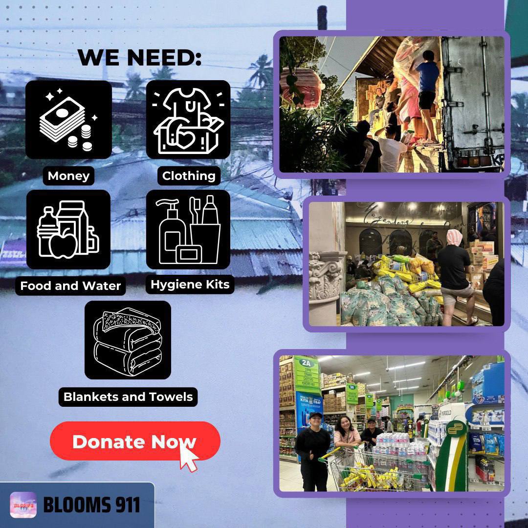 mariel_1001's tweet image. 📣 #BLOOMS911 DONATION DRIVE 📣

Hi! Blooms 911 are still organizing a donation drive, and all the contributions will go directly to the victims of the typhoon #KristinePH. The drive is open until the weekend and can extend if needed. Thankyou!
