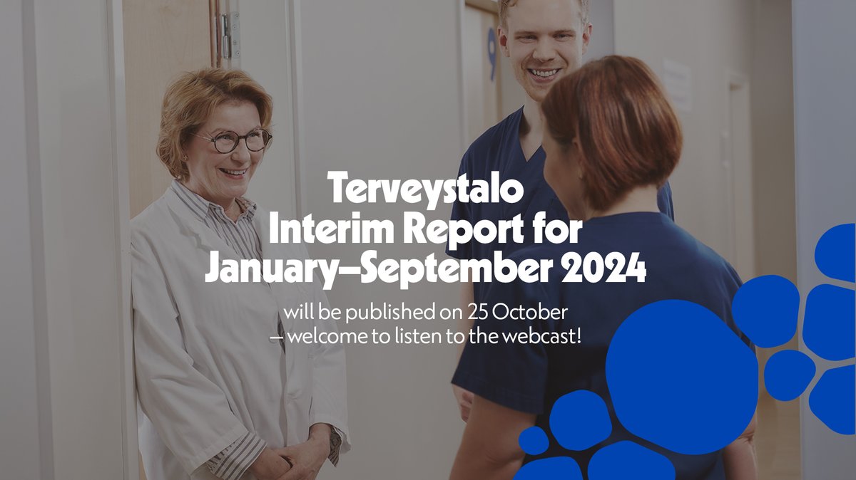 Terveystalo’s Q3 report will be published today, 25 October 25th, at around 9:00 am EEST. CEO Ville Iho and CFO Juuso Pajunen will present the report at 10:30 am EEST in a webcast: terveystalo.videosync.fi/q3-2024 You are welcome to tune in! #terveystalo #Q3_2024