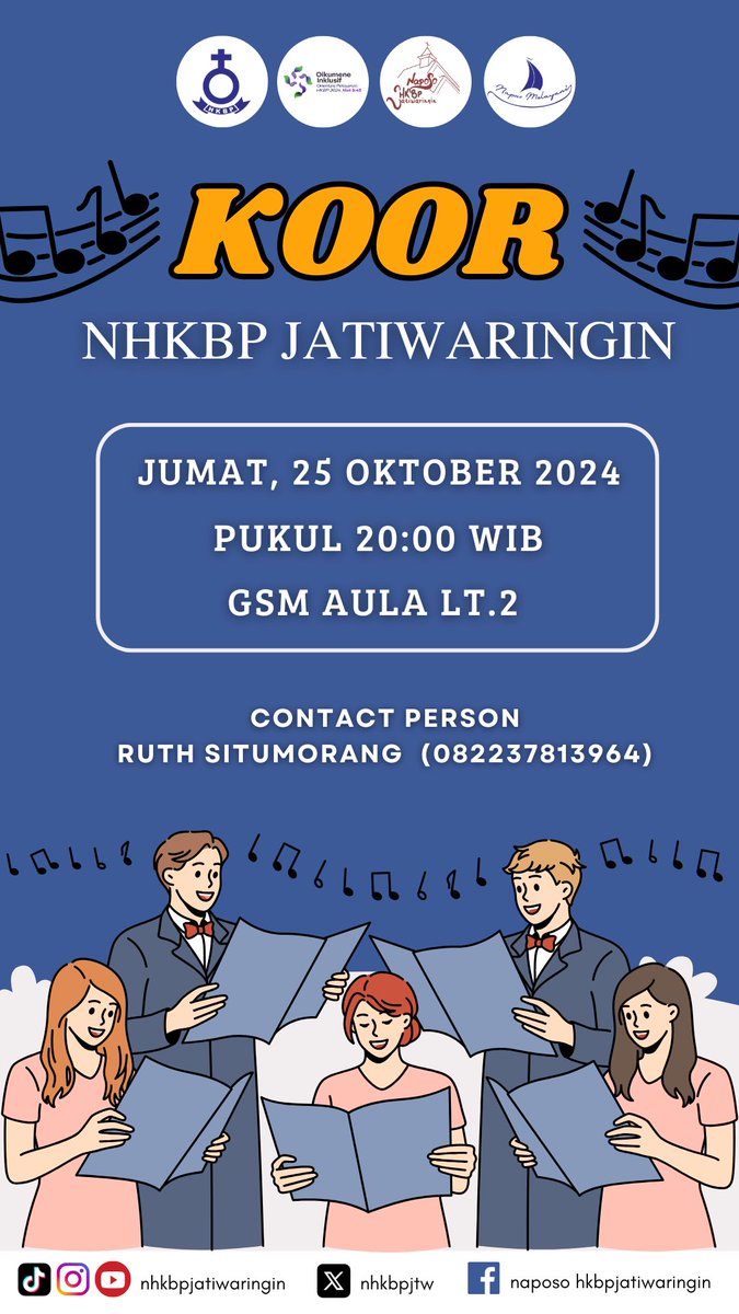 🎤[KOOR NHKBP JATIWARINGIN]🎤

📆: Jumat, 25 Oktober 2024
⏰: 20.00 WIB
📍: GSM AULA LT.2

Ditunggu kehadirannya ya, Naps! Tuhan Yesus Memberkati 😇

Contact Person:
Ruth Situmorang : 082237813964