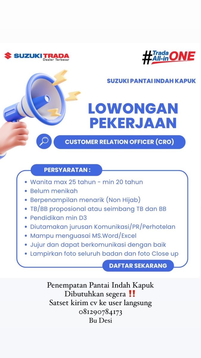 Lowongan Kerja Oktober 2024 nih dibutuhkan segera penempatan Pantai Indah Kapuk
Persyaratan mohon dibaca ya

Jurusan apa aja bebas, usaha dulu aja yuk yg butuh kerjaan
November 2024 udah mulai masuk, kasih CV langsung interview user