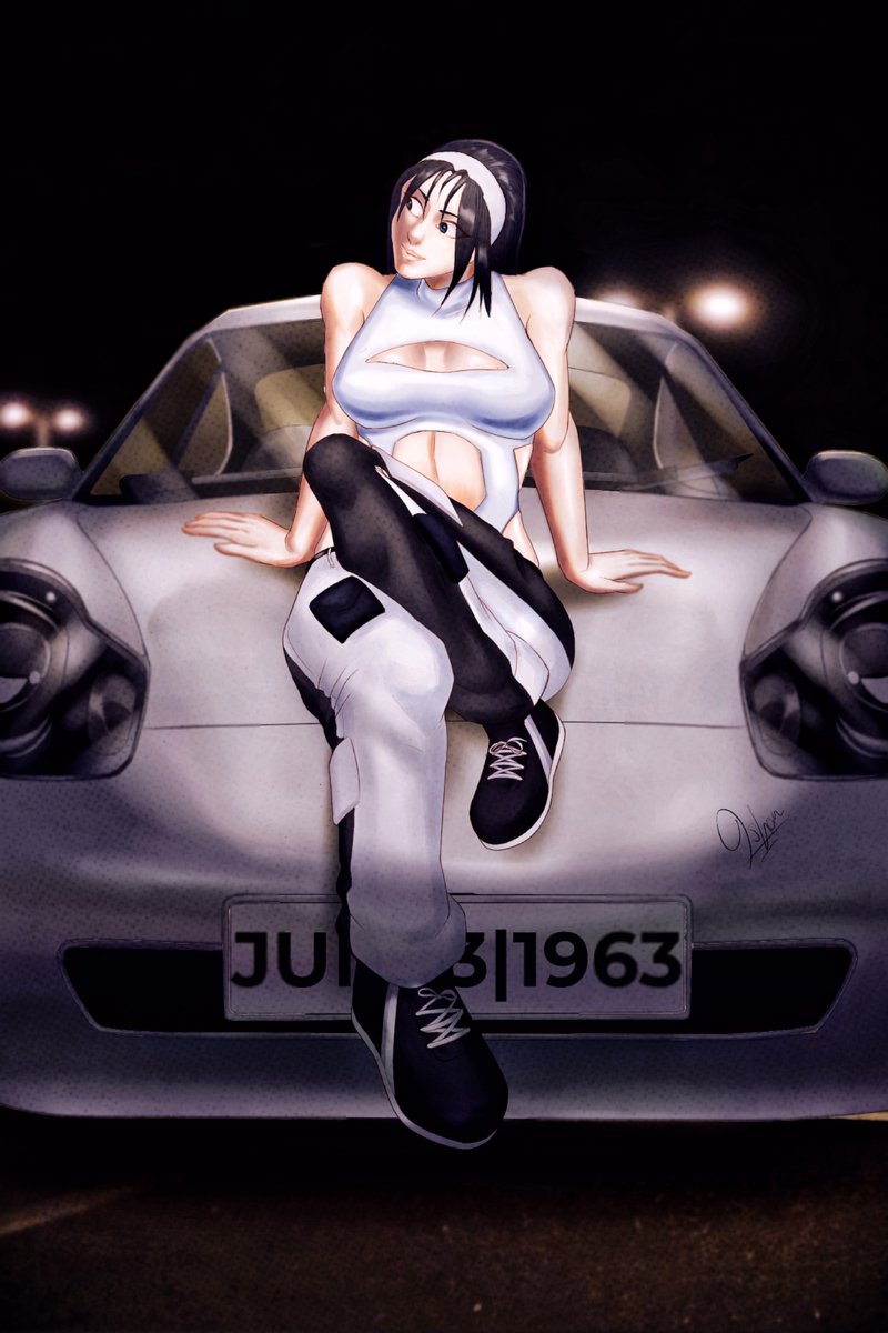 KeyCrush1305's tweet image. Hi everyone,
This is my first drawing! I aimed for a vintage look of Jun Kazama in her youth, creating a contrast between her old-fashioned style and her modern clothing and Porsche. I hope you all like it :) #TEKKEN8 #Tekken30th