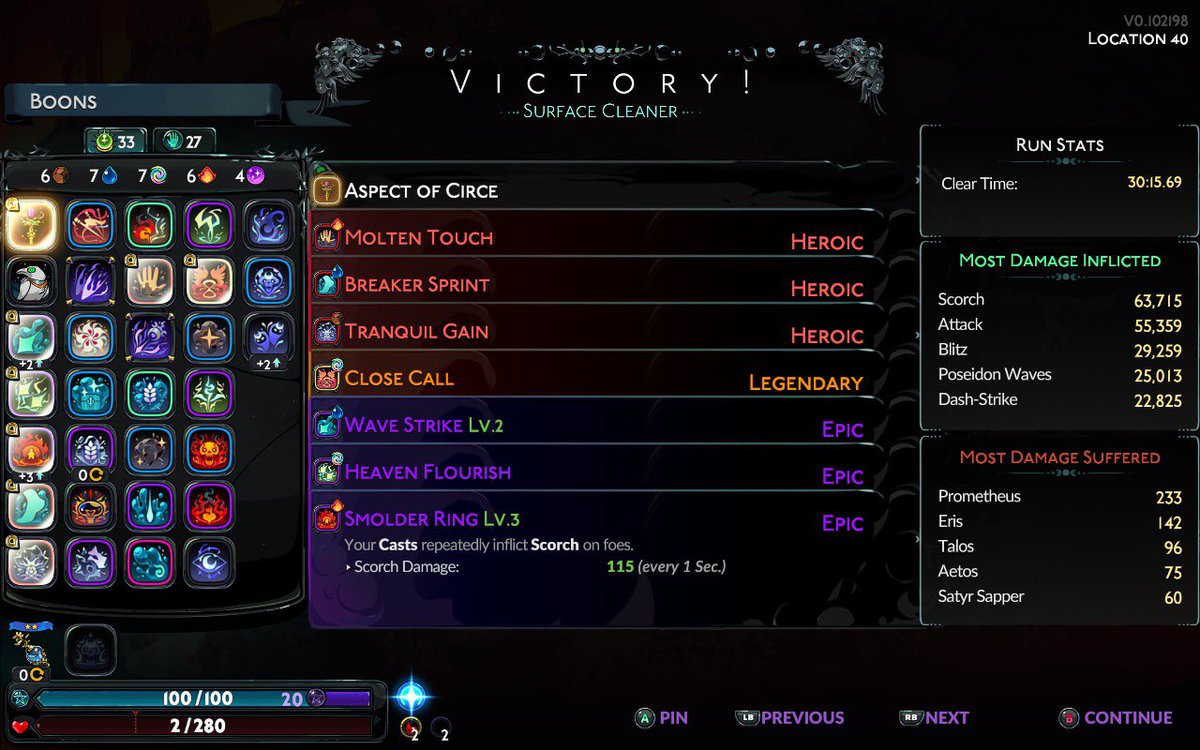 austinwwang's tweet photo. First clears of the Underworld and the Surface in #hades2. Took me a good minute to beat Chronos but somehow got Prometheus on the first try which was cool. https://t.co/mBG6EFj9Qb