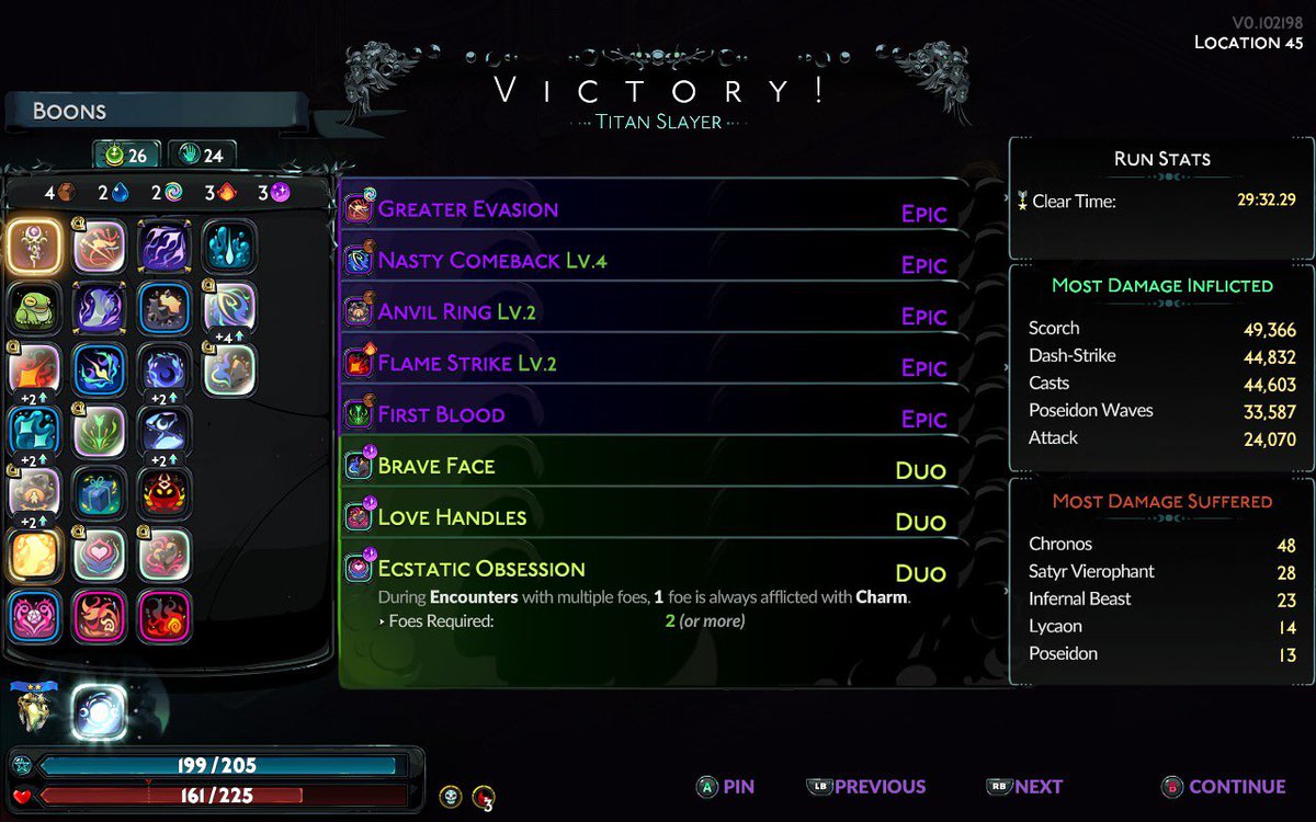austinwwang's tweet photo. First clears of the Underworld and the Surface in #hades2. Took me a good minute to beat Chronos but somehow got Prometheus on the first try which was cool. https://t.co/mBG6EFj9Qb