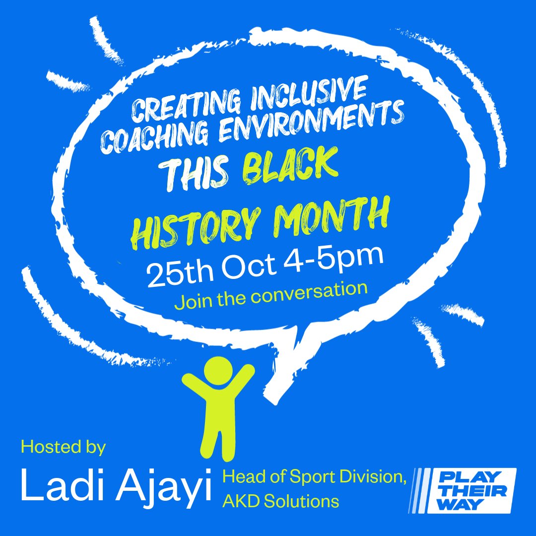 playtheirway (@playtheirway) on Twitter photo How can coaches and clubs ensure their environment is inclusive and diverse?
This #BlackHistoryMonth, our coach catch-up will be hosted by special guest Ladi Ajayi <a href="/ooiaja/">Ladi Ajayi</a>, Head of Sport Division at AKD Solutions.
Join us TODAY 4pm-5pm: bit.ly/3Y18IRt How can coaches and clubs ensure their environment is inclusive and diverse?
This #BlackHistoryMonth, our coach catch-up will be hosted by special guest Ladi Ajayi <a href="/ooiaja/">Ladi Ajayi</a>, Head of Sport Division at AKD Solutions.
Join us TODAY 4pm-5pm: bit.ly/3Y18IRt