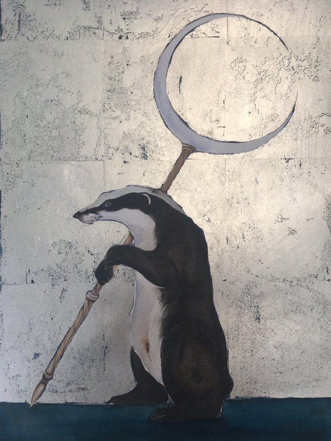'Badger carried the old moon out of the month' watercolour in white gold leaf by Jackie Morris, artist, author and illustrator who lives and works in Wales #WomensArt