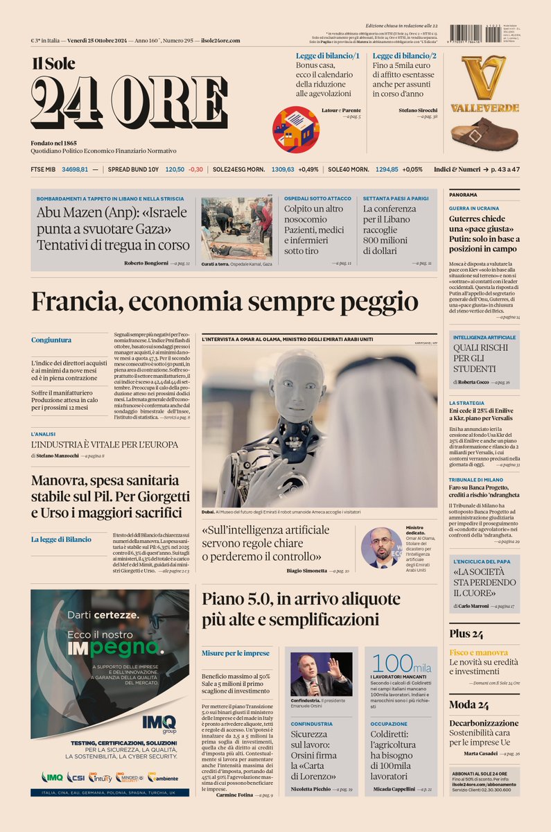 sole24ore's tweet photo. Sulla prima pagina del #Sole24Ore di oggi, venerdì #25ottobre. #Francia, economia sempre peggio. #Manovra, spesa sanitaria stabile sul Pil. Per Giorgetti e Urso i maggiori sacrifici. Piano 5.0, in arrivo #aliquote più alte e semplificazioni. #buonalettura #primapagina https://t.co/cwjNo5es0H