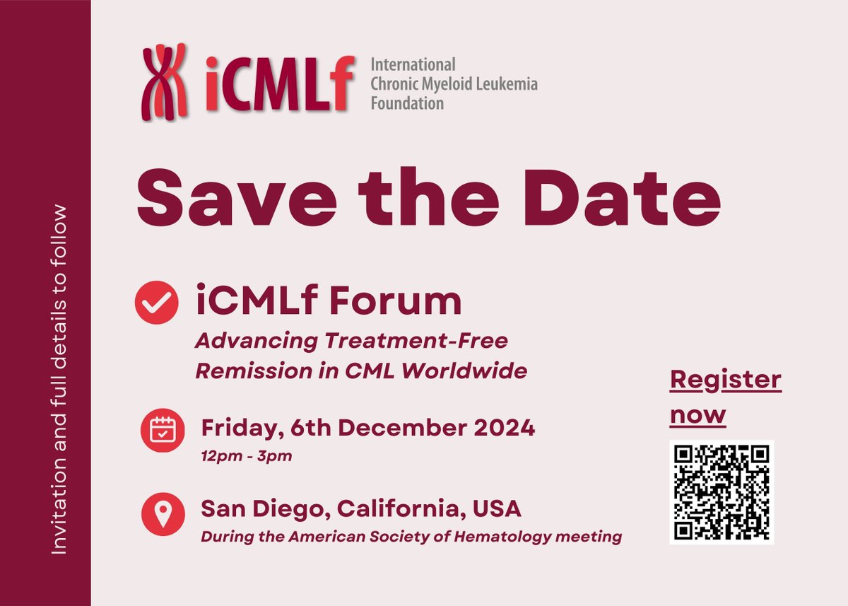 Save the date for the iCMLf Forum: Advancing Treatment-Free Remission in CML Worldwide – a tradition at #ASH24. Connect with experts &amp; explore future directions in CML care.

Register now: buff.ly/40h6XCB

#iCMLf #CML #ASH24 <a href="/ASH_hematology/">ASH</a>