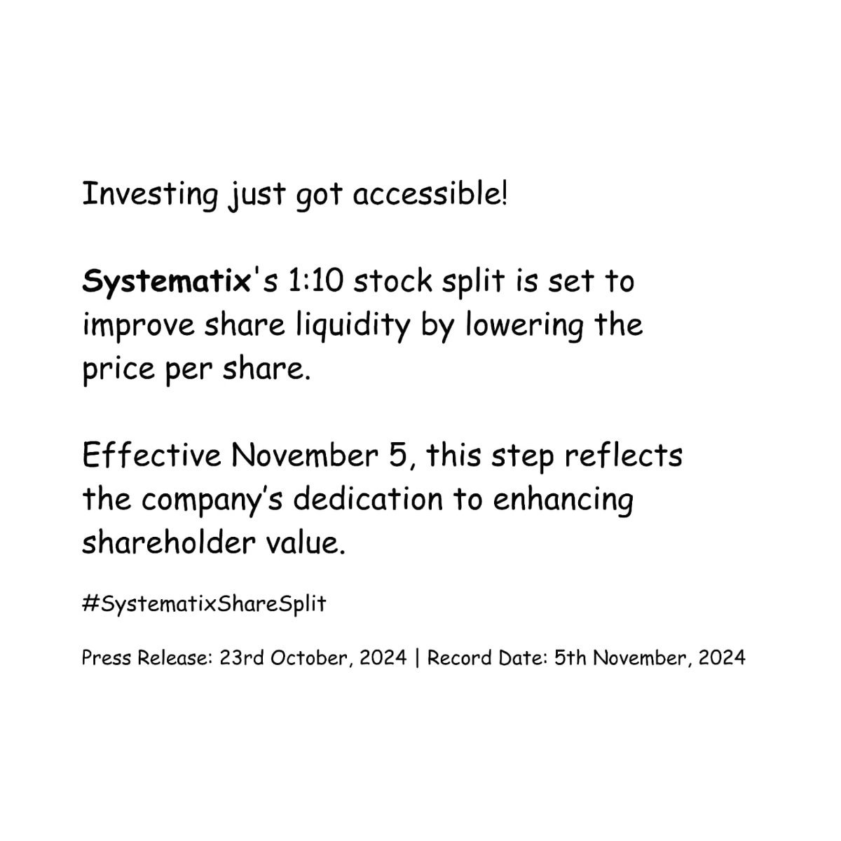 PramitiRana's tweet photo. The 1:10 stock split reflects Systematix's commitment to enhancing shareholder value and market presence. #SystematixShareSplit https://t.co/7dypcF4Qfc