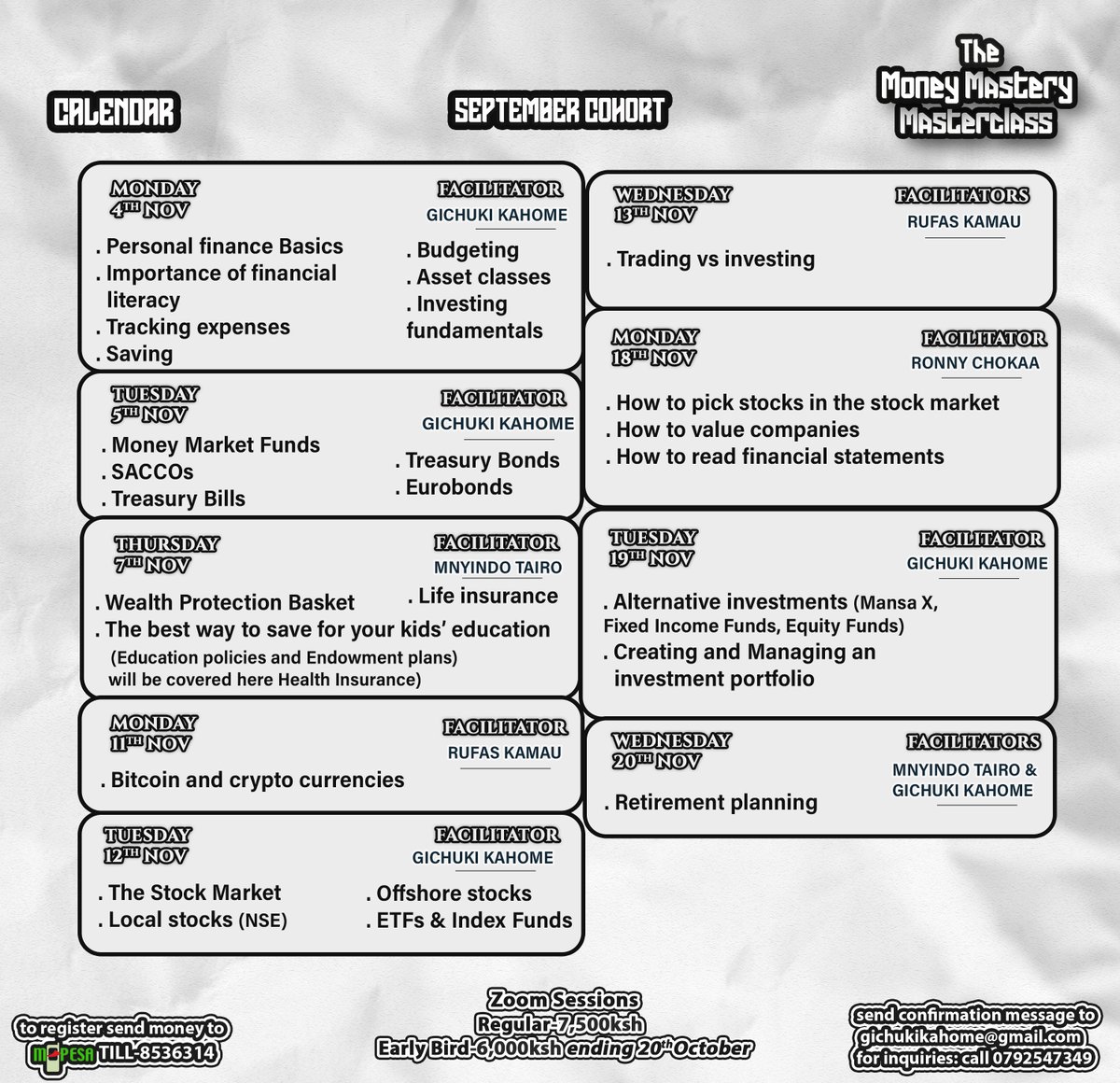 kahome_steve's tweet image. Registration of the last cohort of the Money Mastery Masterclass of 2024 closes in one week.

Enroll today to level up your financial literacy

We have a discounted offer for the weekend.

More details below