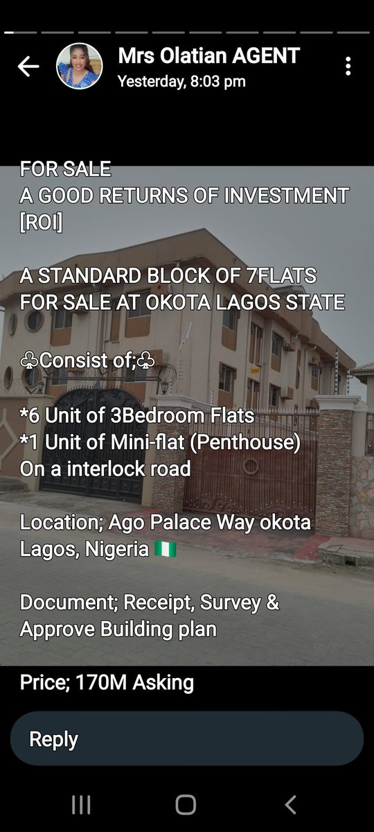 170million asking price A standard block 7flats location OKOTA LAGOS STATE
