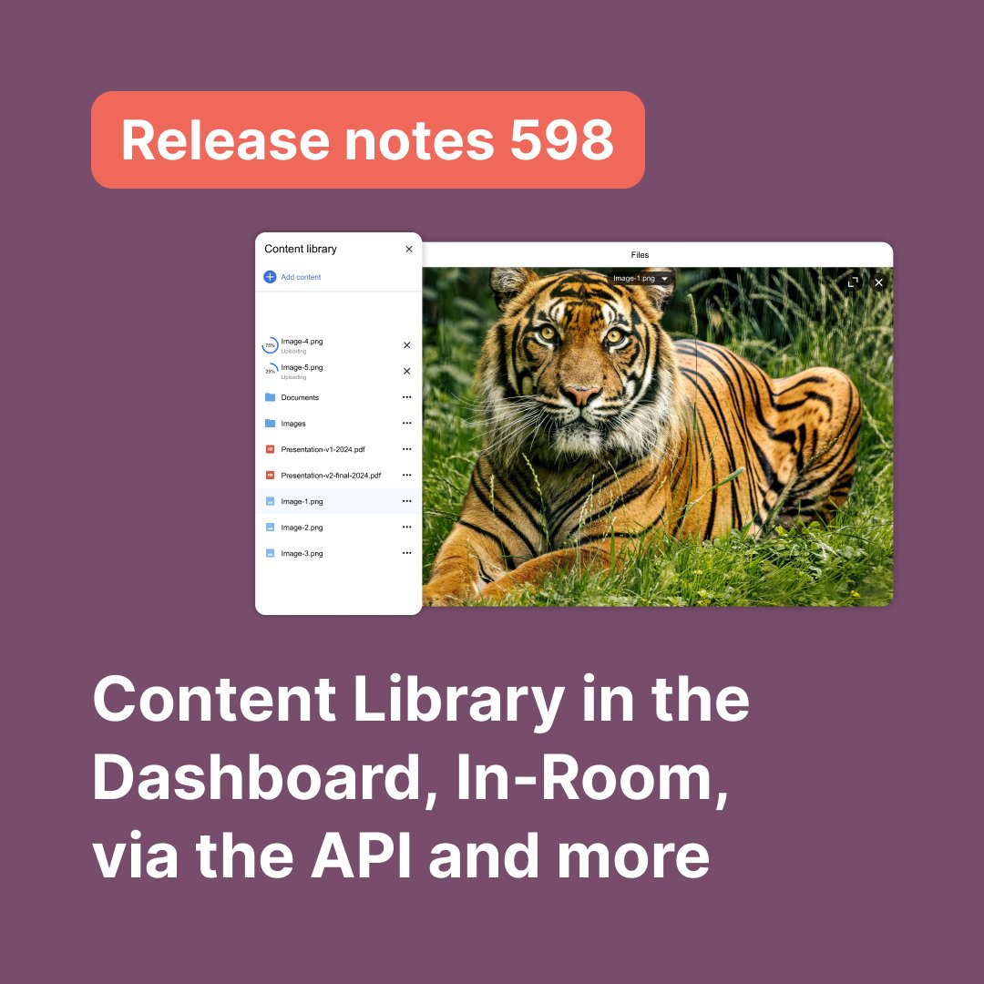 We’re excited to announce the Content Library in our latest release! Now available in the Dashboard, In-Room, and via API, it offers a seamless way to organise your files for smoother, more efficient meetings.

Check out the full release notes: eu1.hubs.ly/H0ddJG20