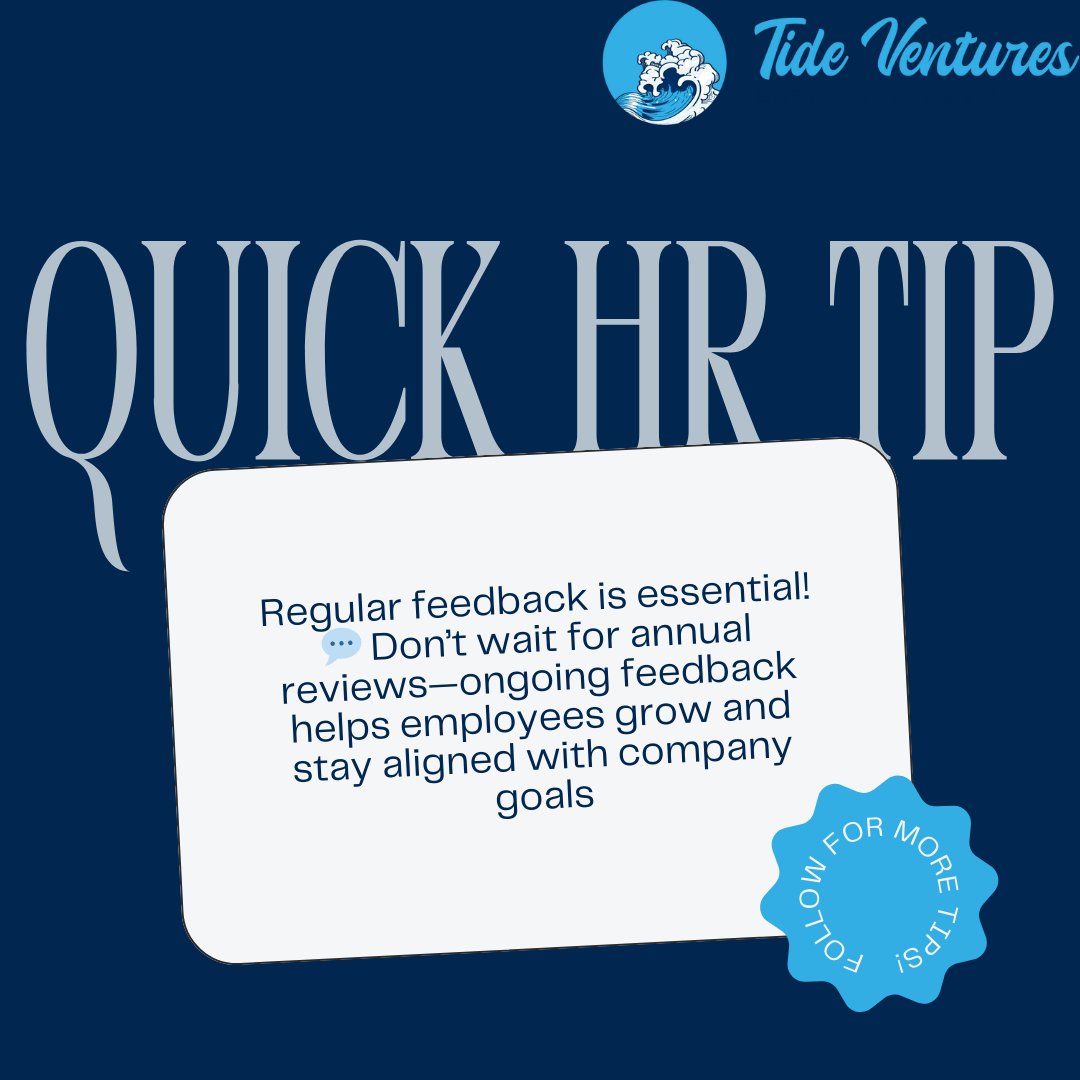 TideVenturesUG's tweet image. 💡 HR Tip: Regular feedback is essential! 💬 Don’t wait for annual reviews—ongoing feedback helps employees grow and stay aligned with company goals. 🎯 #HRTips #ContinuousFeedback #EmployeeGrowth #TideVentures