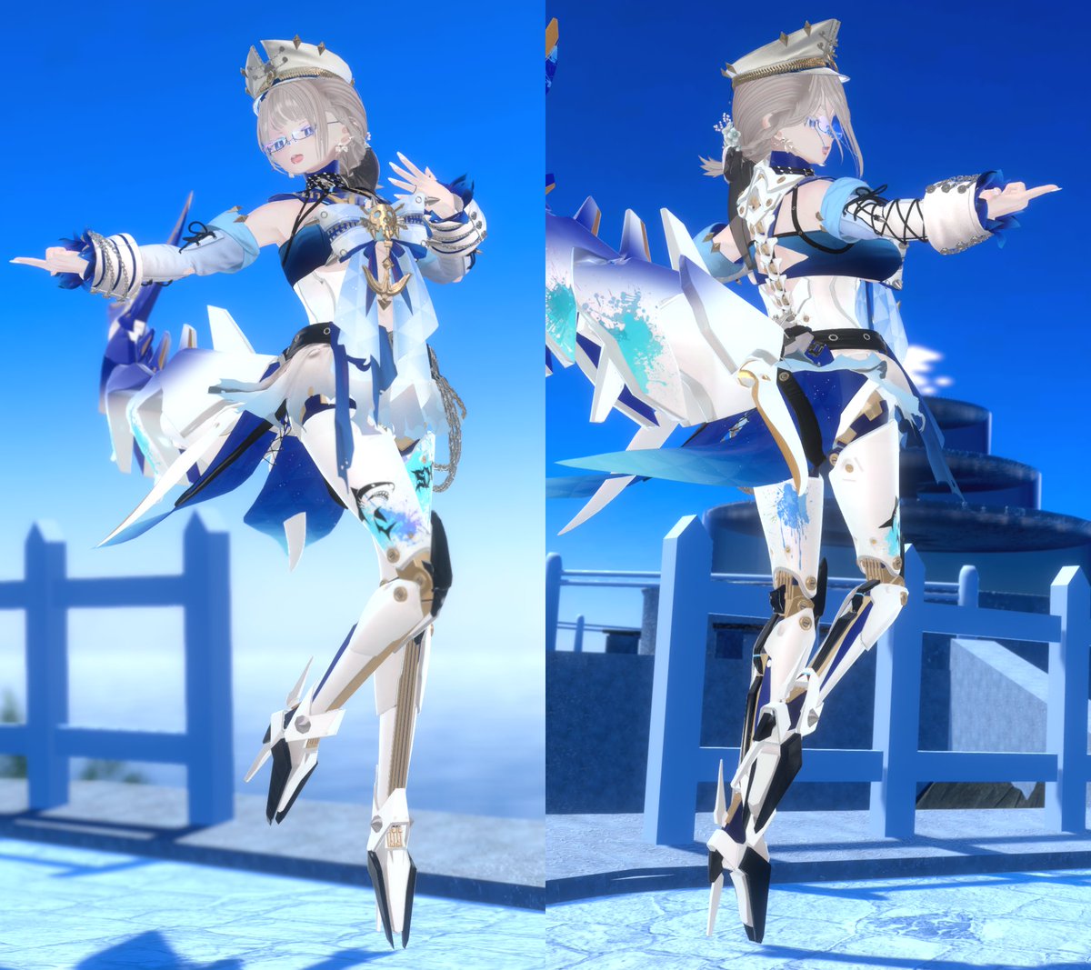 Tomahna_VR's tweet photo. 新しい改変できた～　アイドルヨルちゃんです✨
スラッとした機械の脚に、チャーミングにくねるサメしっぽ🦈
サメでロボでアイドルとかいう属性過多をものともしない無敵のアイドルだよ
#龍のヨルちゃん #CyberCritter #ai_works #ぞうさん屋 #あんらぼぶい https://t.co/TKWEKGEGil