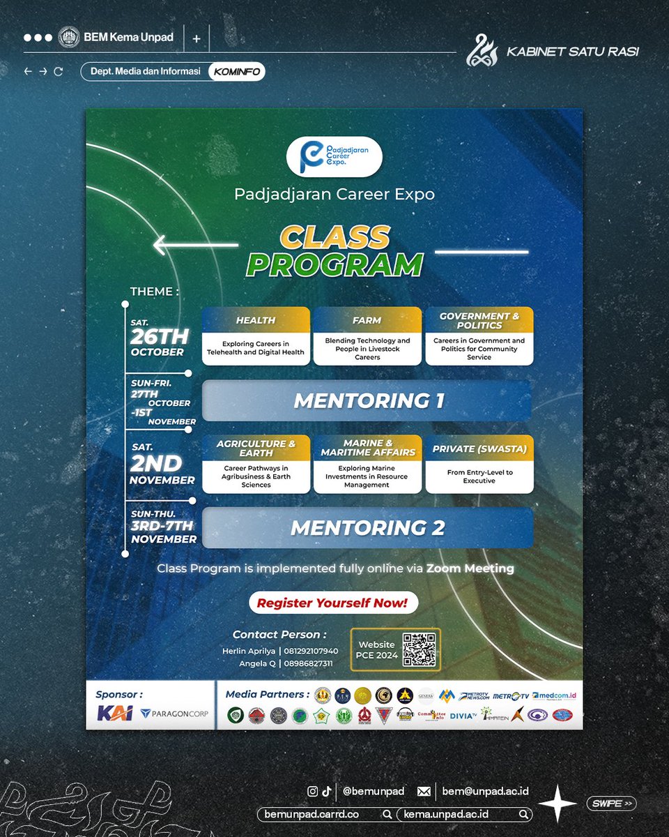 [OPEN REGISTRATION: CLASS PROGRAM &amp; MENTORING] 

Our “Class Program” &amp; “Mentoring” sessions are designed just for you and are completely FREE for students from all faculties! 🤩✨
 More for information in here:
padjadjarancareerexpo.id
