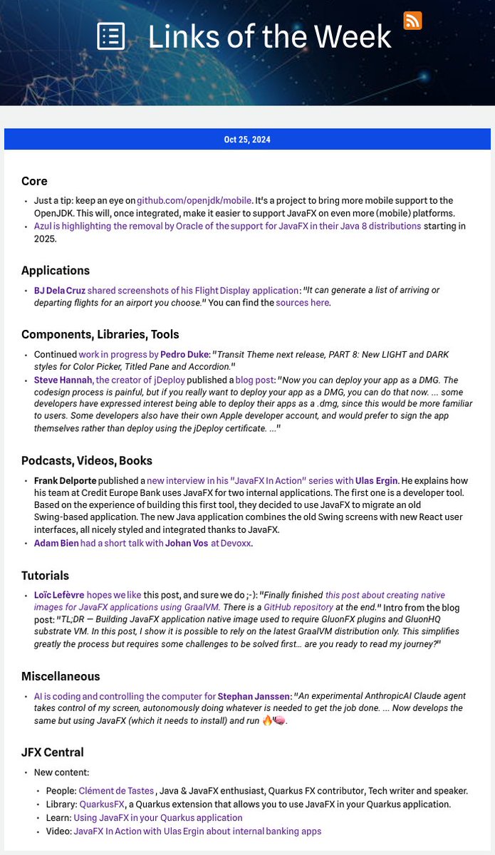 Here is the #JavaFX #LinksOfTheWeek as published on jfx-central.com/links.

Thanks to
<a href="/java/">Java</a> 
<a href="/AzulSystems/">Azul</a> 
BJ Dela Cruz
<a href="/P_Duke/">Pedro Duke</a> 
<a href="/shannah78/">Steve Hannah</a> 
<a href="/FrankDelporte/">Frank Delporte #JavaOnRaspberryPi</a> 
<a href="/ulasergin/">Ulas Ergin</a> 
<a href="/AdamBien/">Adam Bien</a> 
<a href="/johanvos/">Johan Vos (https://mastodon.social/@johanvos)</a> 
<a href="/Loic__Lefevre/">Loïc Lefèvre</a> 
<a href="/Stephan007/">Stephan Janssen ☕️🧠🧞‍♂️</a> 
Clément de Tastes
<a href="/QuarkusIO/">Quarkus</a> 

Have a lovely weekend!