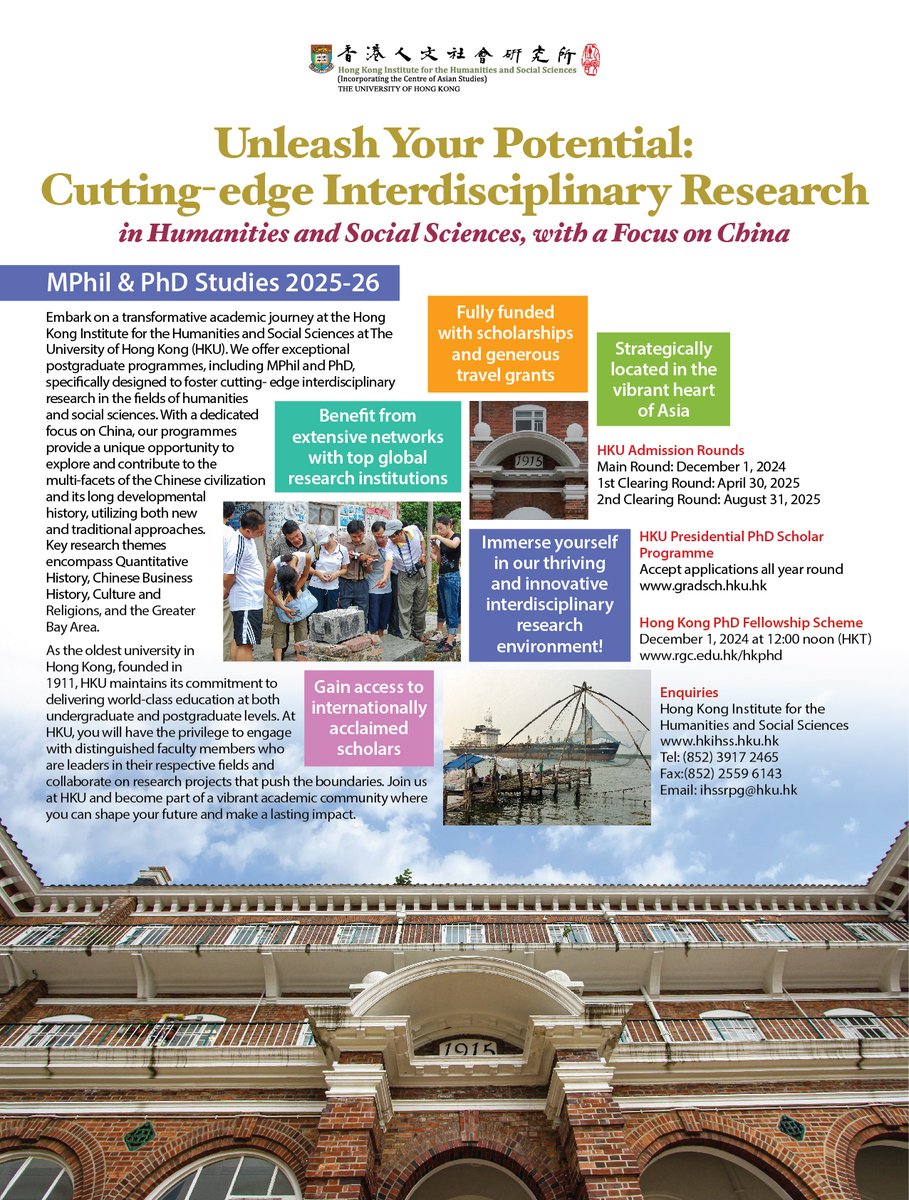 🌟Exciting opportunities await! Join our innovative #postgraduate programs, featuring #MPhil and #PhD options tailored for cutting-edge interdisciplinary research in #humanities and #socialsciences! 📚✨ Find out more: hkihss.hku.hk/en/teaching/ph…
Main Round Deadline: December 1, 2024