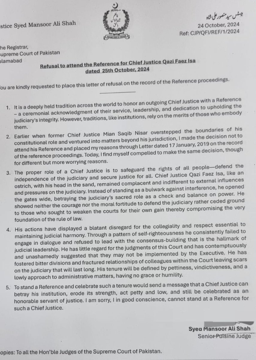 PTIofficial's tweet photo. “The proper role of a Chief Justice is to safeguard the rights of all people-defend the independence of the judiciary and secure justice for all. Chief Justice Qazi Faez Isa, like an ostrich, with his head in the sand, remained complacent and indifferent to external influences and pressures on the judiciary. […] 

He showed neither the courage nor the moral fortitude to defend the judiciary rather ceded ground to those who sought to weaken the courts for their own gain thereby compromising the very foundation of the rule of law […]

“He (Qazi Faiz Isa) has little regard for the judgments of this Court and has contemptuously and unashamedly suggested that they may not be implemented by the Executive. […] 

His tenure will be defined by pettiness, vindictiveness, and alowly approach to administrative matters, having no grace or humility "-  says Justice Mansoor Ali Shah by referring reasons as why he didn't attend full court reference in honour of outgoing CJP Faiz Isa.