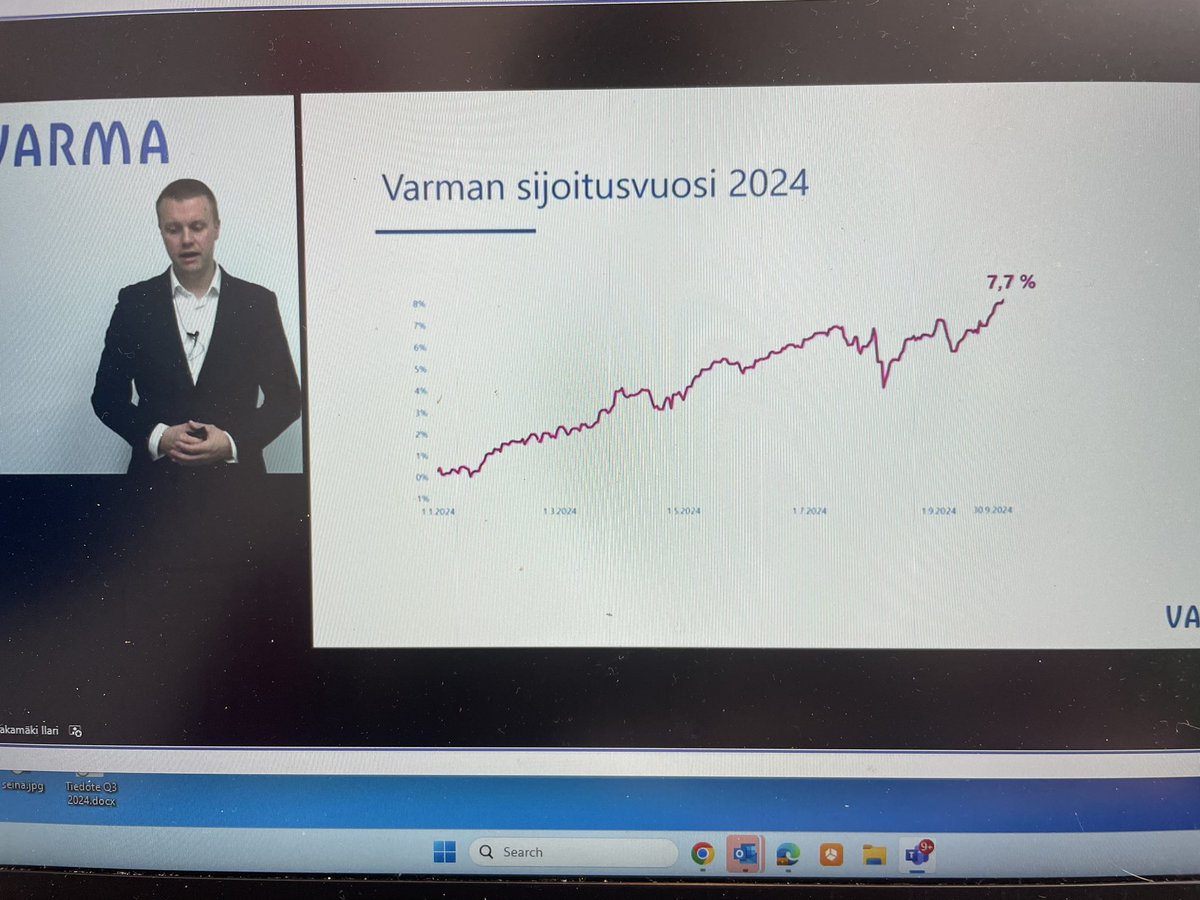 Positiivinen jakso markkinoilla kestänyt kaksi vuotta ja kumulatiivinen tuotto ollut tänä aikana 8 mrd euroa. Jakso on ollut merkittävä eläkesijoittajalle, Markus Aho Varman tulosinfossa. <a href="/varma_tweet/">Työeläkeyhtiö Varma</a> #tulos #Q3