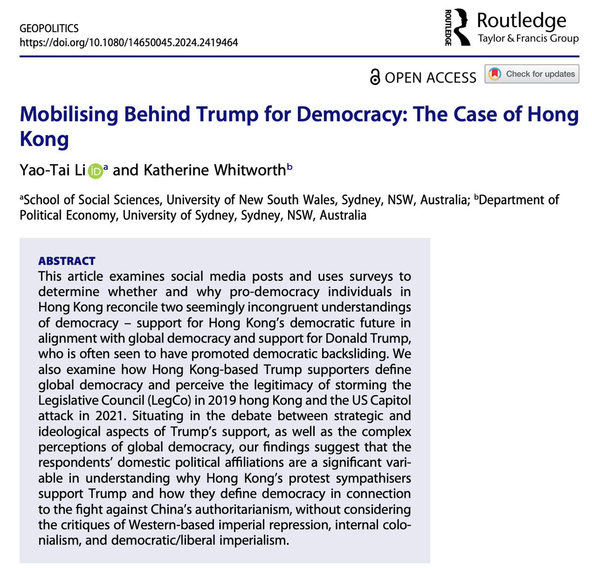 Drawing on social media posts and survey responses, we examine how Hong Kong-based Trump supporters reconcile two seemingly incongruent understandings of democracy—support for Hong Kong’s democratic future and support for Trump who is often seen to promote democratic backsliding.