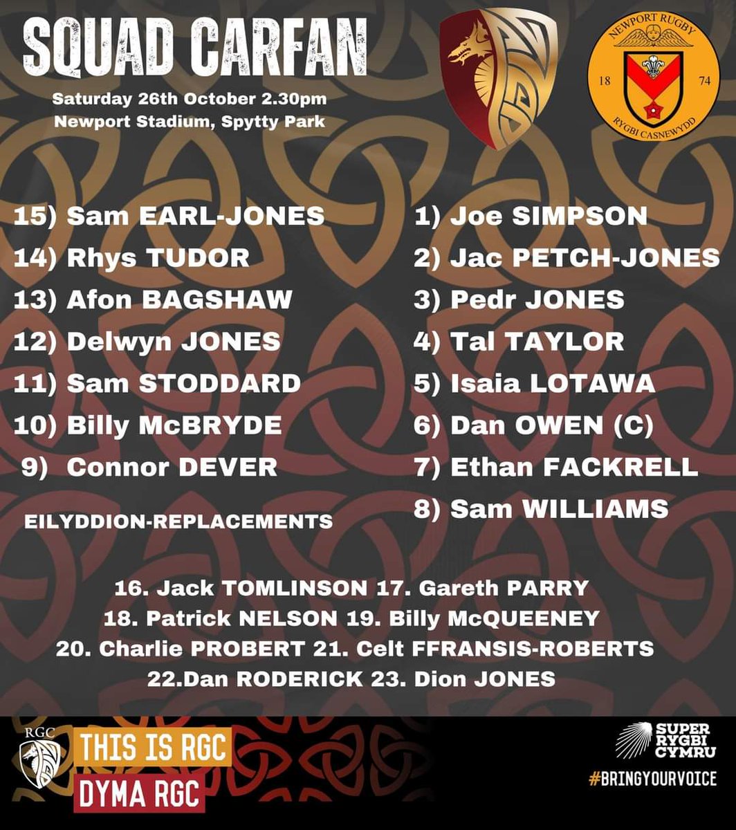Casnewtdd ye RGC Dydd Sadwrn 26eg o Hydref C.G. 2:30yp / Newport v RGC Saturday 26th October 2:30pm K.O.