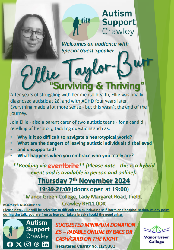 The wonderful <a href="/AutismSCrawley/">AutismSupportCrawley</a> have a fantastic guest speaker event coming up 👇
In Person Booking Link : eventbrite.co.uk/e/891583549397…
Online Booking Link : eventbrite.co.uk/e/102345240268…