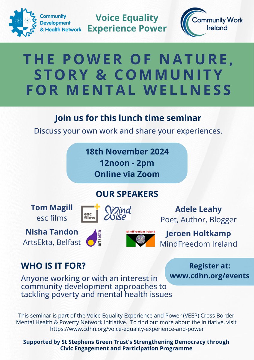Join us for this online lunch time seminar Hear examples of good community practice on the ground to tackle mental health, poverty and health inequalities. 
📷 Date: 18th November 2024 
📷Time: 12noon – 2pm 
📷 Book here cdhn.org/event/power-st…