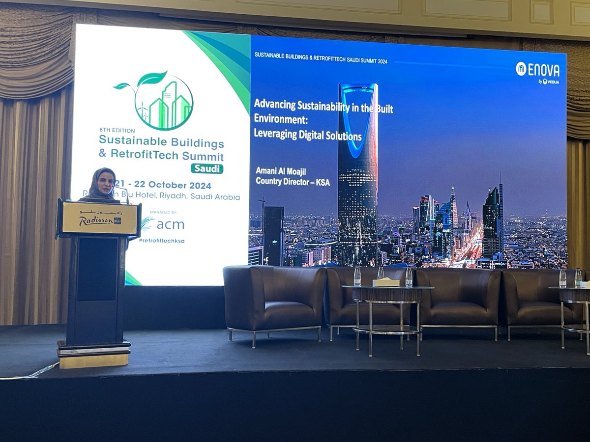 Enovame's tweet image. At #SustainableBuildings &amp;amp; #RetrofitTechSaudi Summit, our Country Director in #KSA, Amani Al Moajil, shard valuable insights on how #Digital #Technologies are transforming #EnergyEfficiency and supporting #Saudi Arabia’s #Sustainability goals within the #BuiltEnvironment!