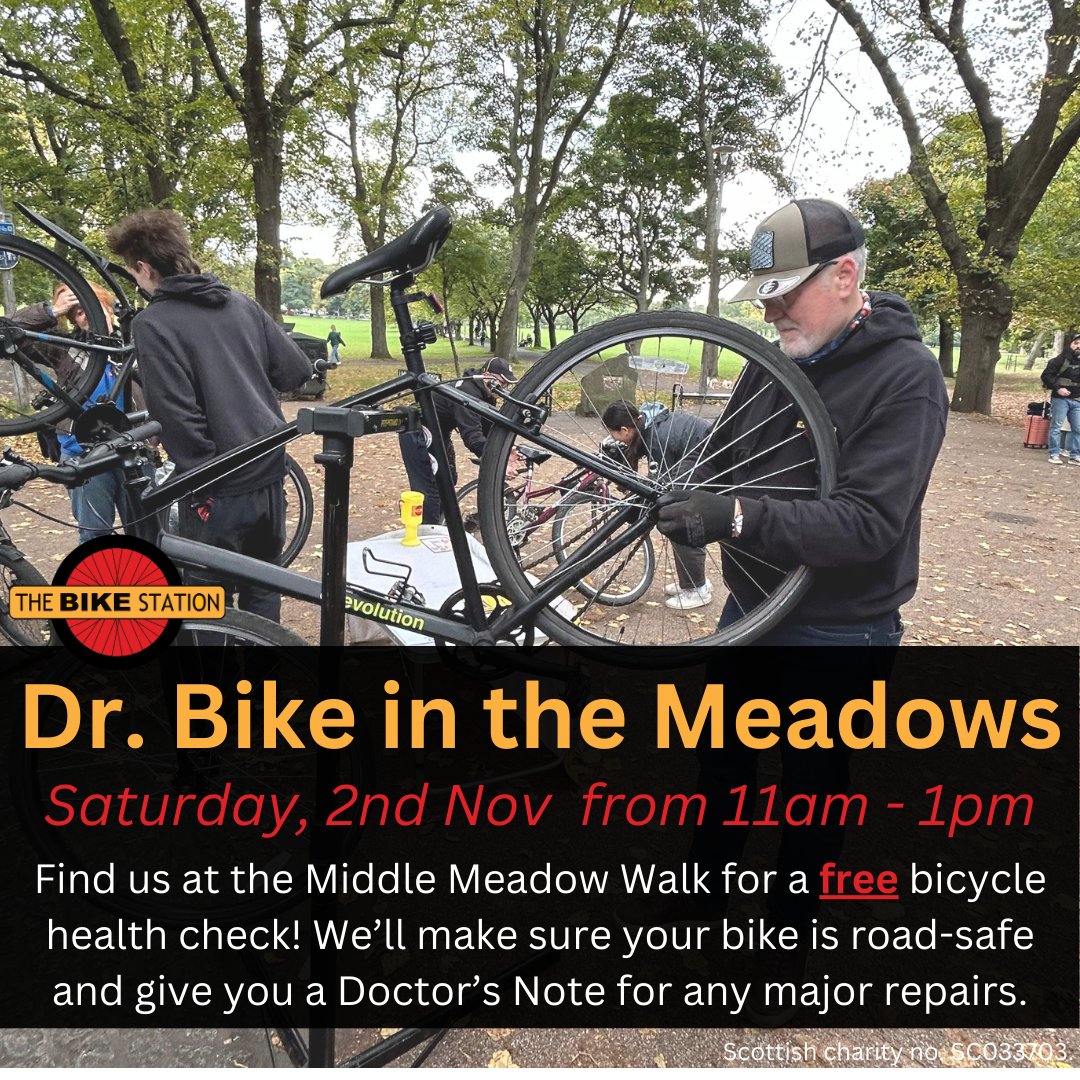 Dr. Bike is here this Saturday, 2nd Nov for FREE bike health checks! We'll be at the Middle Meadow Walk from 11am to 1pm. 

#DrBike #BikeCare #FreeBikeCheck #Edinburgh #Meadows #Cycling #Charity #TheBikeStation #TheBikeStationEdinburgh #MoreThanJustABikeShop
