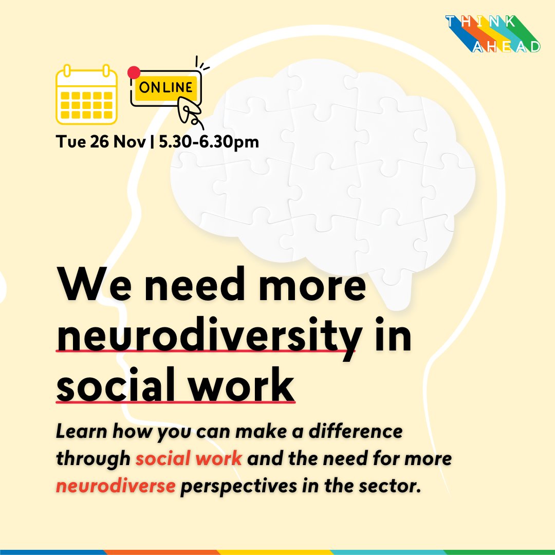 ThinkAheadMH's tweet image. We’re on a mission to ensure the mental health workforce reflects the people it supports.

Our next two online events explore why we need more neurodiverse and LGBTQ+ people in social work.

🗓️ Tue 12 &amp;amp; 26 Nov 5.30-6.30pm

🔗 i.mtr.cool/xlszfgtgqr

#ThinkAheadProgramme