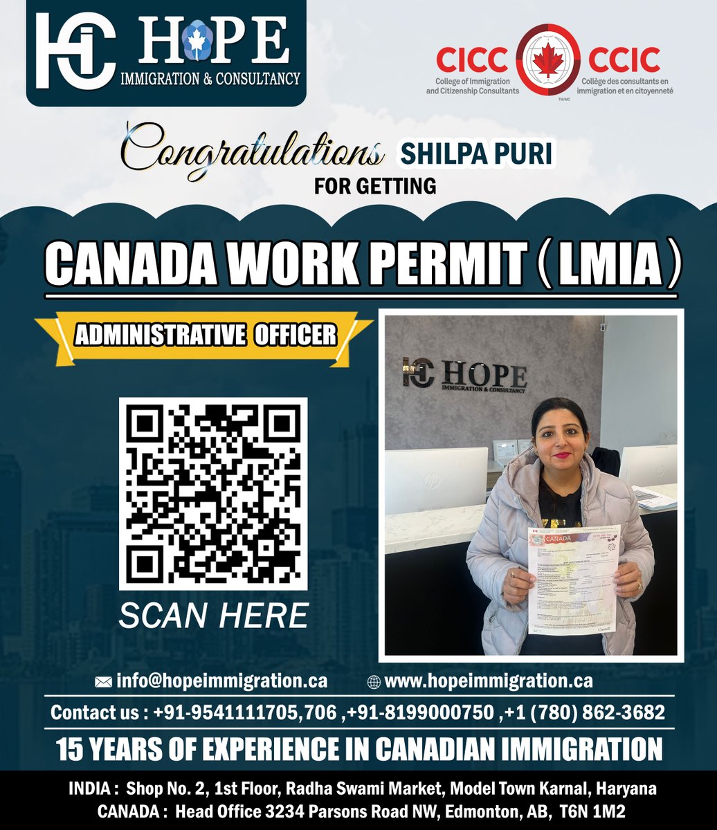 HopeImmigr1771's tweet image. Congratulations Shilpa Puri for the Canada Work Permit (LMIA) as an Administrative Officer.  We wish her good luck in her future Endeavour.

 #spousalopenworkpermit #AdministrativeAssistant #canadianjobs #workpermitcanada #CanadaVisa #canadaworkpermit #LMIA #hopeimmigration