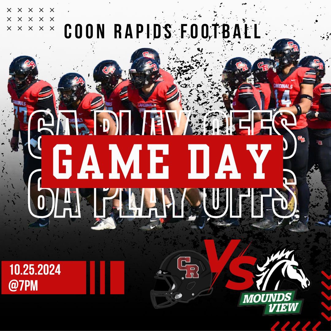 Coon Rapids Football (@football_crhs) on Twitter photo GAME DAY!!! The 1st round of 6A playoffs are here as the Cardinals travel to Mounds View to take on the Mustangs tonight at 7:00 pm.
We can’t wait to play tonight and looking forward to the challenge ahead!
#WeAreCR
Let’s go! <a href="/Card_NationCR/">Cardinal Nation</a>
🎟️ moundsview.mvpschools.org/athleticsandac… GAME DAY!!! The 1st round of 6A playoffs are here as the Cardinals travel to Mounds View to take on the Mustangs tonight at 7:00 pm.
We can’t wait to play tonight and looking forward to the challenge ahead!
#WeAreCR
Let’s go! <a href="/Card_NationCR/">Cardinal Nation</a>
🎟️ moundsview.mvpschools.org/athleticsandac…