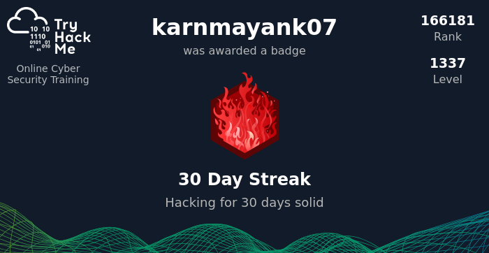 coder_mayank's tweet image. 30 Days into my TryHackMe journey! Super excited to hit this milestone. Learned a lot in networking, cryptography, Linux/Windows fundamentals &amp;amp; tools like BurpSuite, Nmap, Metasploit. Today I started Defensive Security intro excited for what’s next!  #Cybersecurity #TryHackMe