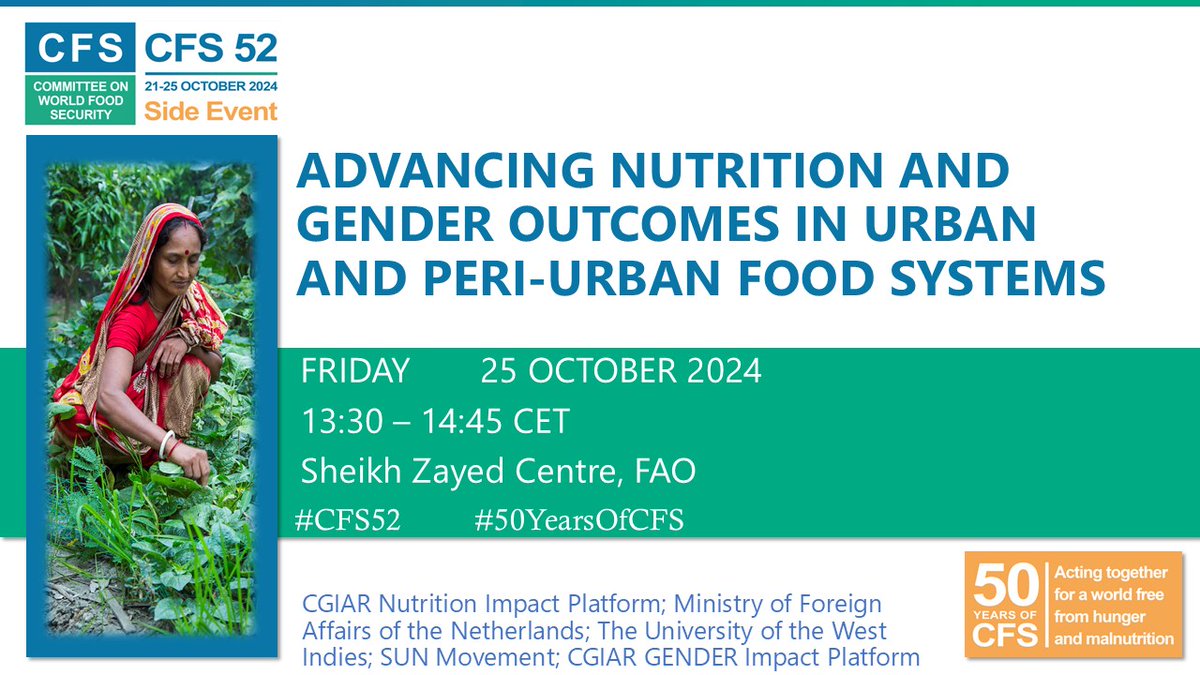 #Happeningnow at #CFS52 

Join <a href="/ncdehaan/">Nicoline de Haan</a> and <a href="/trinidad1949/">Shakuntala Haraksingh Thilsted</a> in this event 'Advancing Nutrition and Gender Outcomes in Urban and Peri-Urban Food Systems' 

Read more and join us: gender.cgiar.org/events/side-ev… #GenderinAg <a href="/CGIAR/">CGIAR</a>