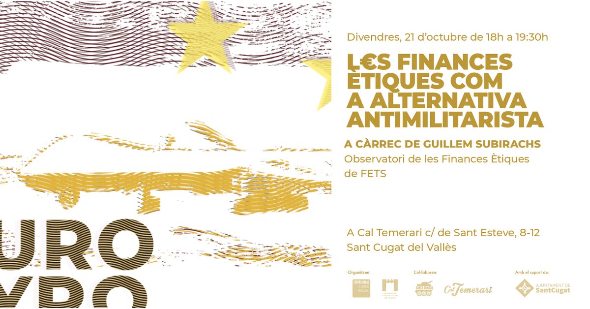 Aquesta tarda aprendrem sobre les finances ètiques com a alternativa a la Banca Armada, en la última sessió del cicle formatiu sobre la Banca Armada!  

Serà amb <a href="/guillemsm1/">Guillem Subirachs Mancebo</a>, de l’Observatori de les Finances Ètiques de <a href="/banca_etica/">FETS Finançament Ètic i Solidari</a>

🕐18h
📌<a href="/CalTemerari/">Cal Temerari</a> 
👉centredelas.org/actualitat/aqu…