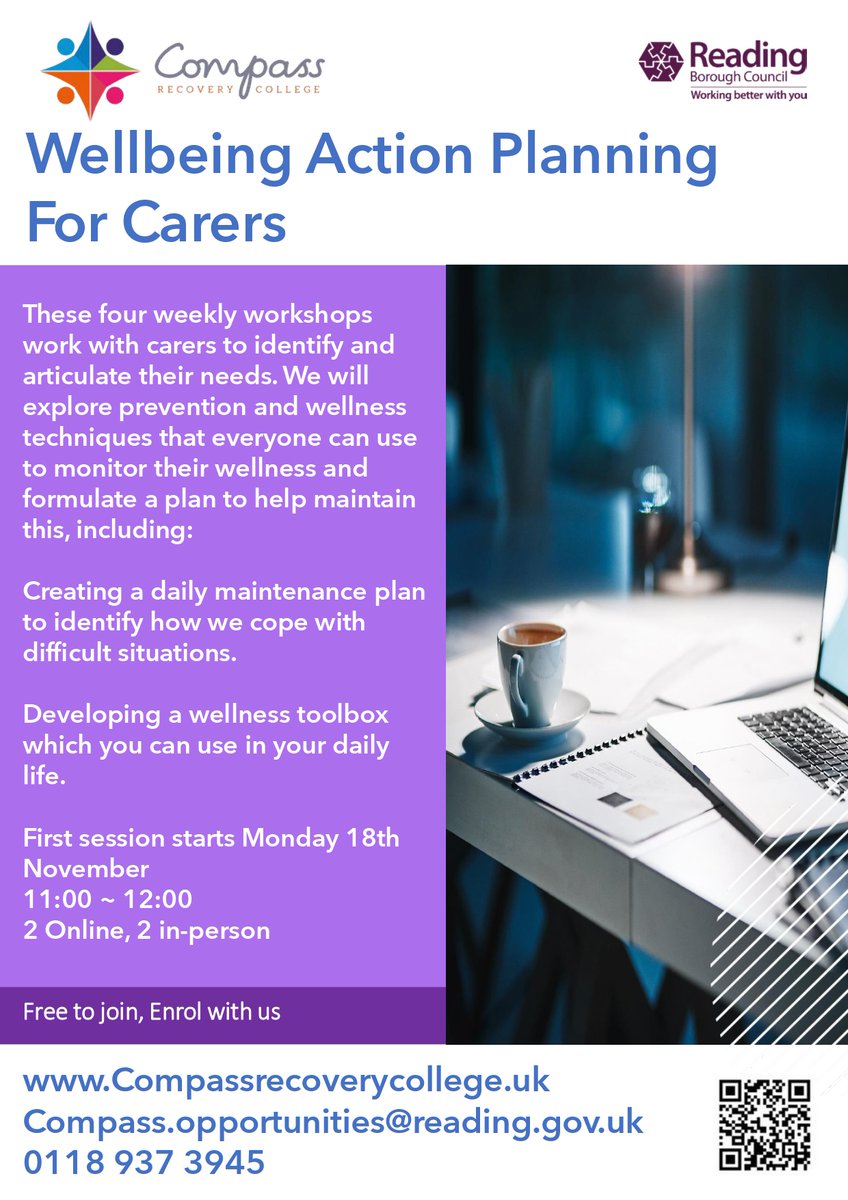 Compass Recovery College is running free workshops aimed at helping carers improve their wellbeing. First session starts Monday 18 November. Details on flyer. Visit Compassrecoverycollege.uk to sign up.