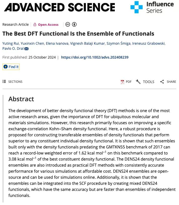 “The Best #DFT Functional ls the Ensemble of Functionals” is just out in Advanced Science! The title says it all. #compchem

doi.org/10.1002/advs.2…