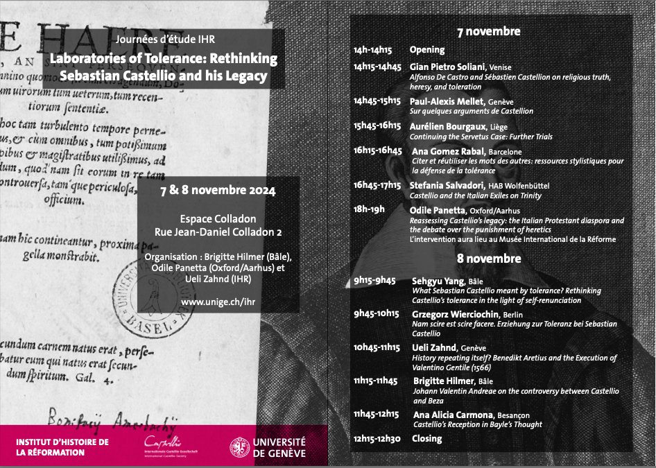 An exciting line up for the IHR's 2024 workshop (7–8 Nov 2024), looking at the theologian, preacher, biblical translator and advocate for religious toleration Sebastian Castellio and his legacy.  

Zoom link available here:
unige.ch/ihr/fr/accueil…

#Twitterstorians #EarlyModern
