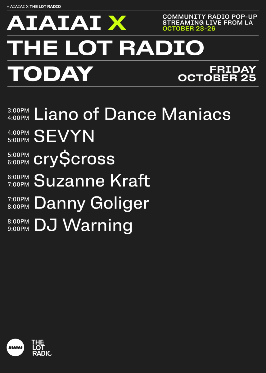 aiaiai.audio (@aiaiaitweet) on Twitter photo It's day 3 of our collab with
@thelotradio at our LA space in Chinatown. If you're in town, stop by, if not, tune in! We're live 3-9PM (PST)/12-6AM CEST thelotradio.com It's day 3 of our collab with
@thelotradio at our LA space in Chinatown. If you're in town, stop by, if not, tune in! We're live 3-9PM (PST)/12-6AM CEST thelotradio.com