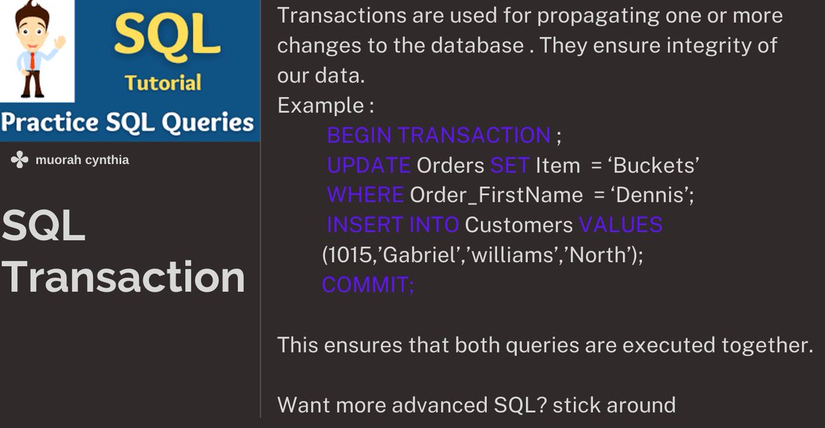 DataDynamiteHub's tweet image. Transactions allow you to group SQL operations into a single unit of work.
#SQL #SQLTRANSACTIONS