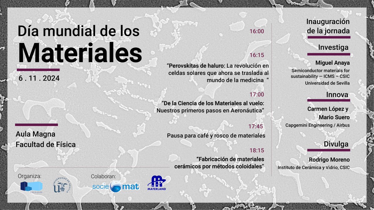 Ya tenemos cartel para el Día Mundial de los Materiales, <a href="/MAnayaLab/">Miguel Anaya Martín</a> , ‘Premio <a href="/RSEF_ESP/">RSEF</a>  a Investigador Joven 2024’, Carmen López y  Mario Suero, en una sesión muy especial de nuestras #AlumniTalks y  <a href="/Rodrigo_ICV/">Rodrigo Moreno</a> , investigador del <a href="/icvcsic/">Instituto de Cerámica y Vidrio ICV-CSIC</a>  y vicepresidente de <a href="/SOCIEMAT/">SOCIEMAT</a>.