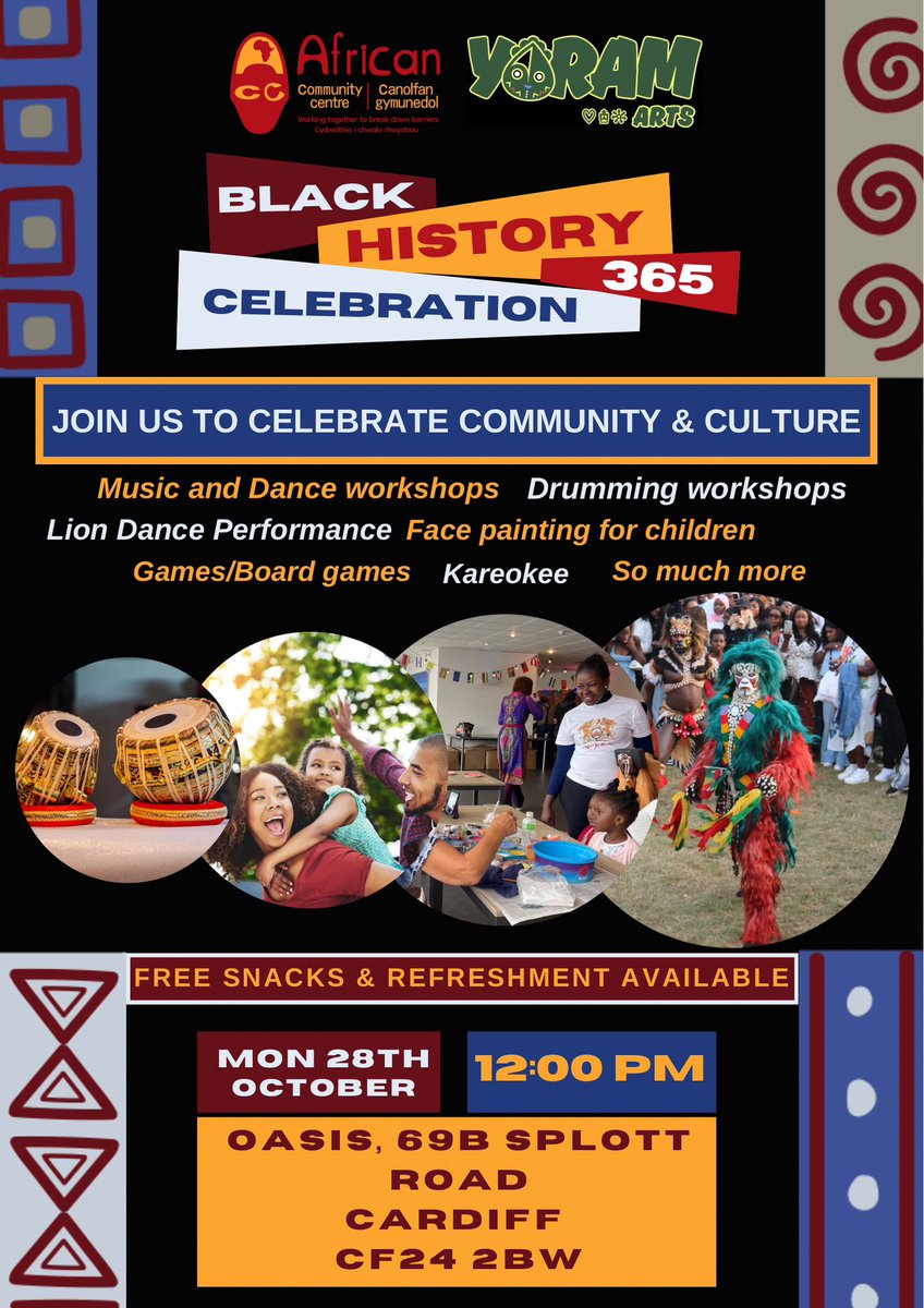 Happening today 👇

Face painting, board games, drumming workshops and a Lion dance performance!

📅28th October
⏰12:00 at Oasis, Splott
Free snacks &amp; refreshments, all welcome